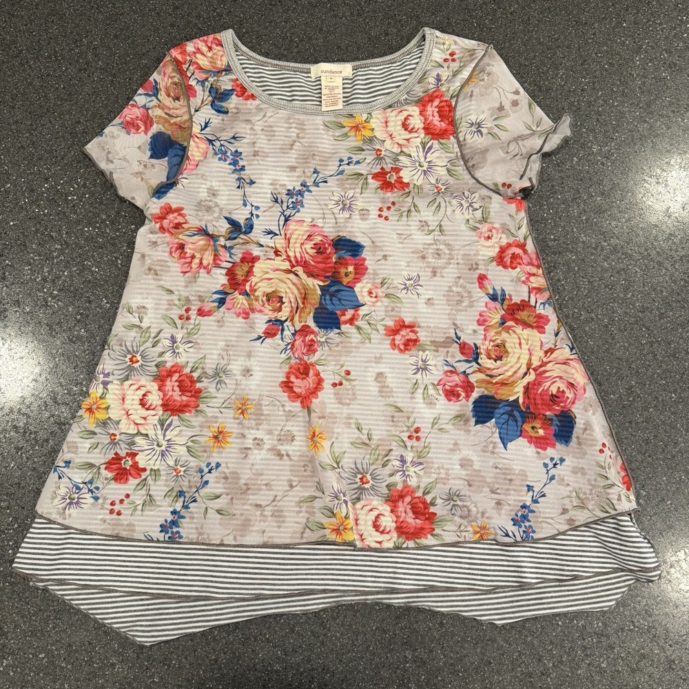 Sundance Womens Mesh Floral Layered Top Size S Gray Artsy Bloomcore Feminine